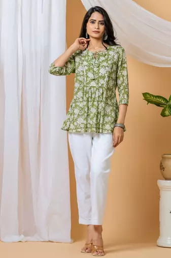 Green floral hand block printed cotton co-ord set