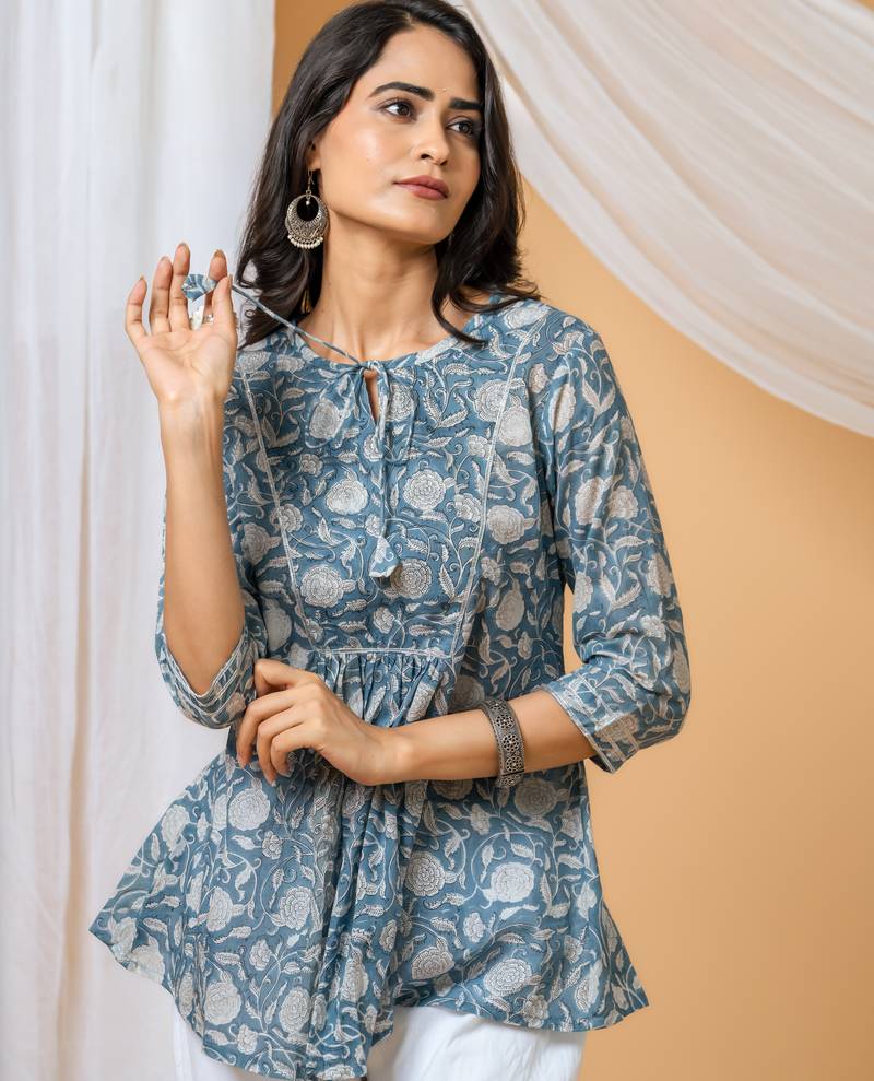 Blue floral hand block printed cotton co-ord set