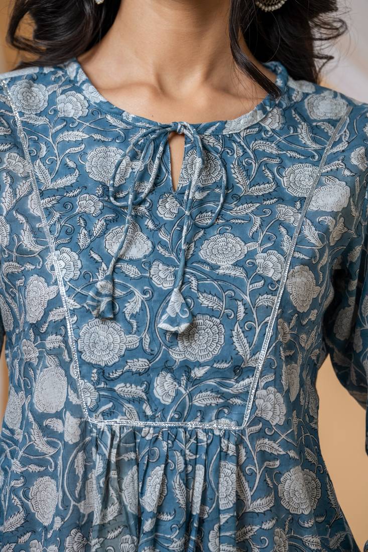 Blue floral hand block printed cotton co-ord set