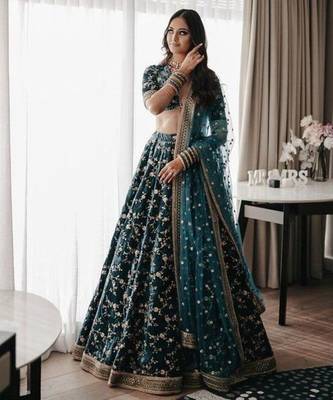 green velvet cording embroidery designer lehenga choli set 3