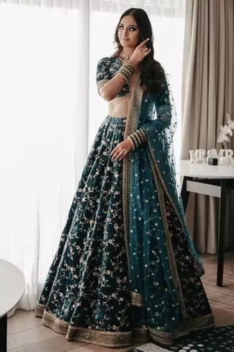 green velvet cording embroidery designer lehenga choli set