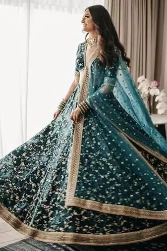 green velvet cording embroidery designer lehenga choli set