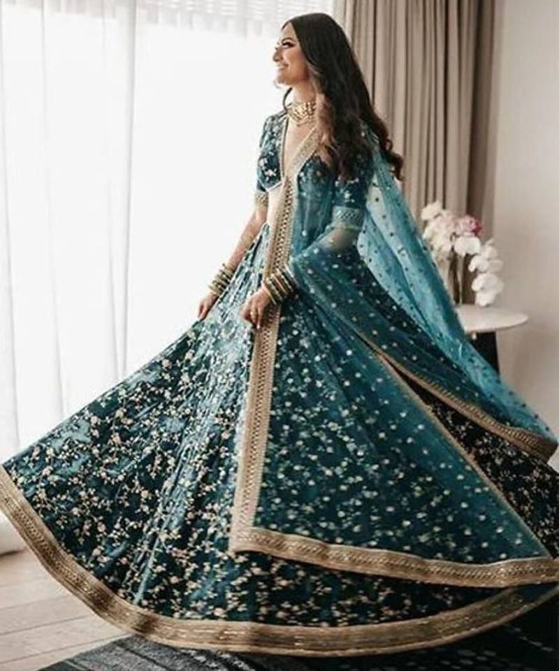 GREEN VELVET CORDING EMBROIDERY DESIGNER LEHENGA CHOLI WITH DUPATTA