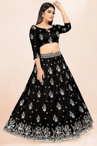 black french silk mirror embroidery lehenga choli with dupatta