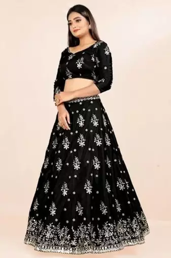 black french silk mirror embroidery lehenga choli with dupatta