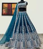 INDIGO EMBROIDERY CHINON SILK DEsiGNER LEHENGA CHOLI WITH DUPATTA
