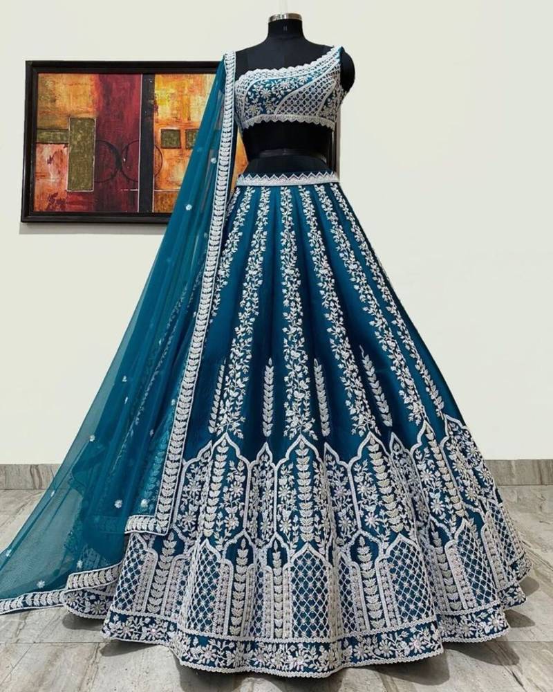 INDIGO EMBROIDERY CHINON SILK DEsiGNER LEHENGA CHOLI WITH DUPATTA