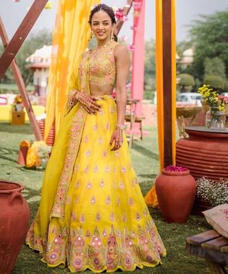 yellow georgette lehenga choli with embroidery and fancy dupatta 1