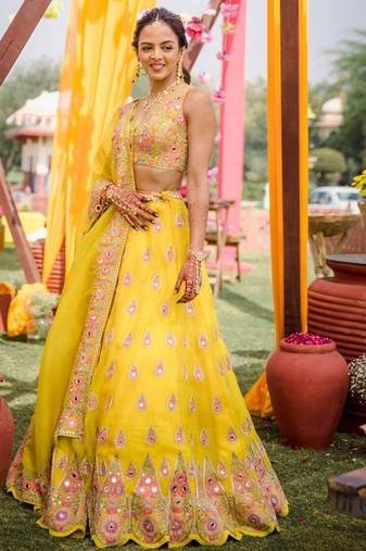 yellow georgette lehenga choli with embroidery and fancy dupatta