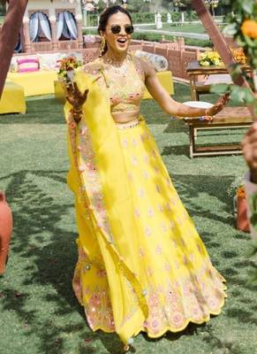 yellow georgette lehenga choli with embroidery and fancy dupatta 3