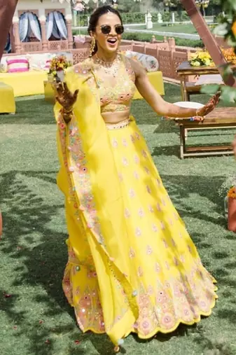 yellow georgette lehenga choli with embroidery and fancy dupatta
