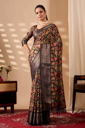 New Soft Lichi Silk Printed Women's Saree With Blouse Set 