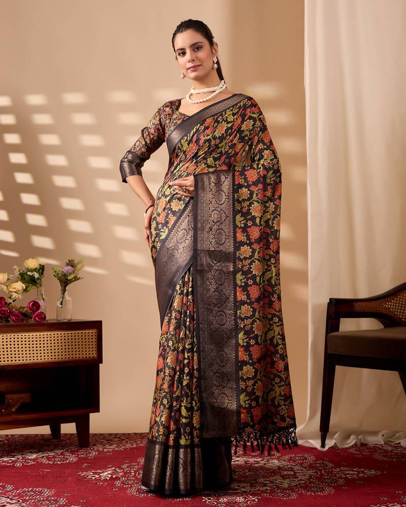 New Soft Lichi Silk Printed Women's Saree With Blouse Set 