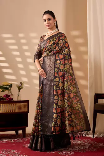 multicolor silk saree with floral digital print