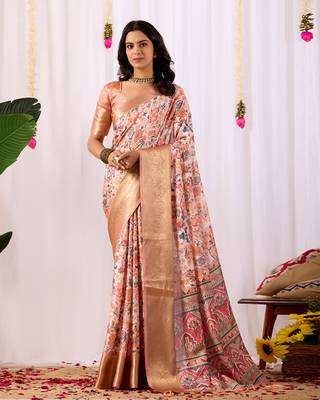 peach silk saree with floral digital print 1