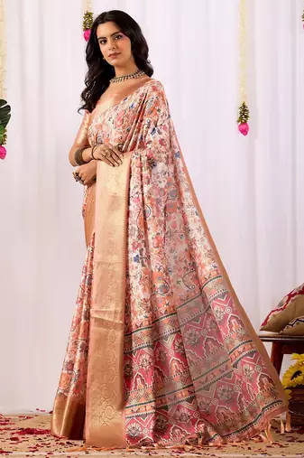 peach silk saree with floral digital print