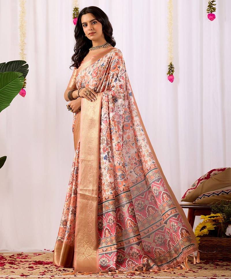 New Designer Premium Soft Lichi Silk floral digital Printed Women Saree With Blouse Set 