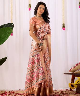 peach silk saree with floral digital print 3