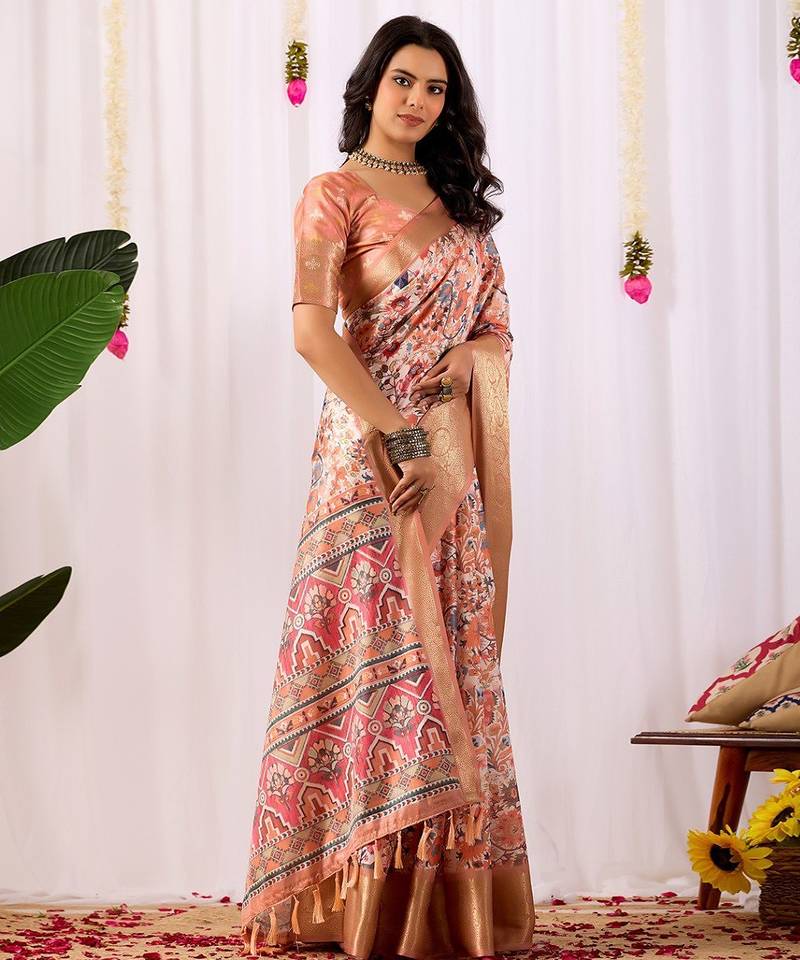 New Designer Premium Soft Lichi Silk floral digital Printed Women Saree With Blouse Set 