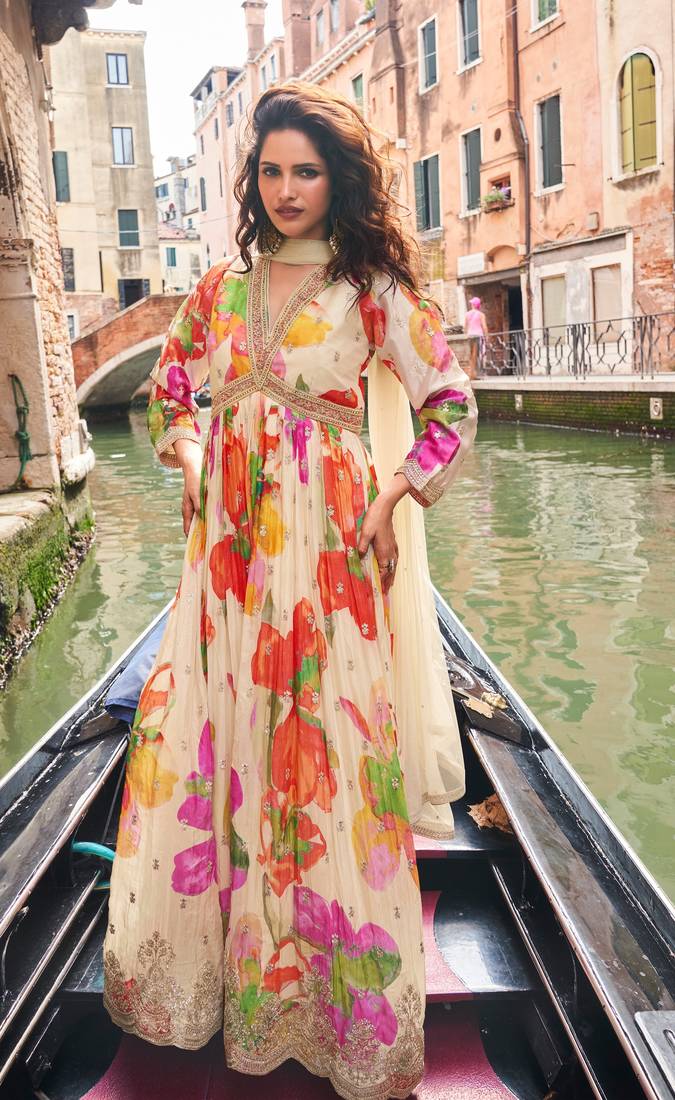 Off white embroidered chinon anarkali suit