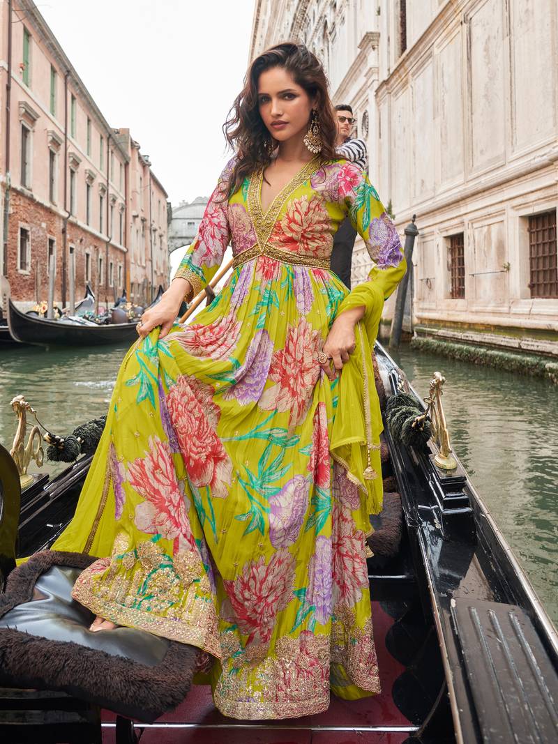 Lemon embroidered chinon anarkali suit