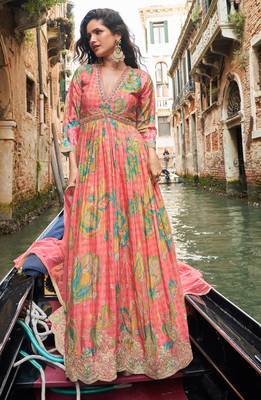 orange chinon printed & embroidered anarkali suit 1