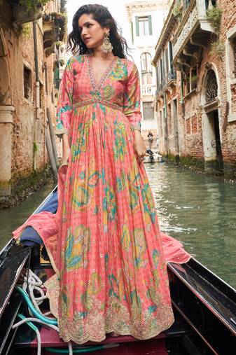 orange chinon printed & embroidered anarkali suit