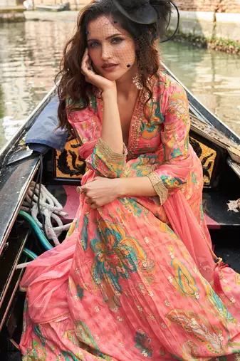 orange chinon printed & embroidered anarkali suit