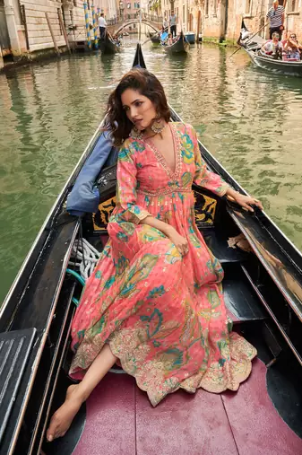 orange chinon printed & embroidered anarkali suit