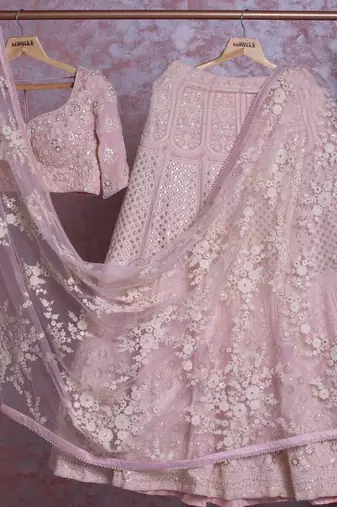 babypink georgette wedding lehenga choli with embroidered dupatta