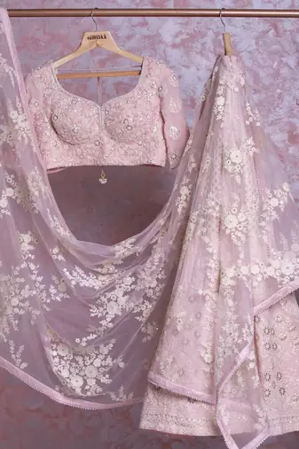 babypink georgette wedding lehenga choli with embroidered dupatta