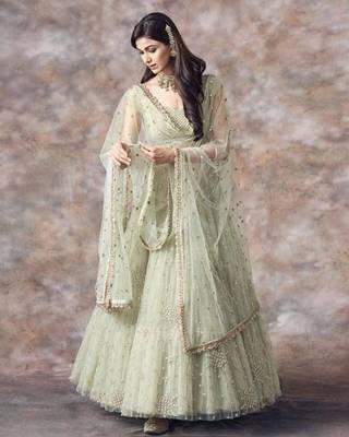 pista green net ruffle lehenga choli with embroidered dupatta 3