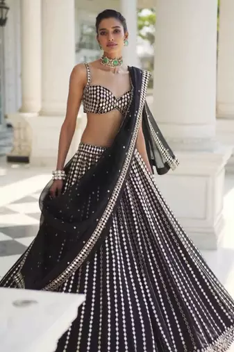 black organza silk lehenga choli with mirror embroidery dupatta