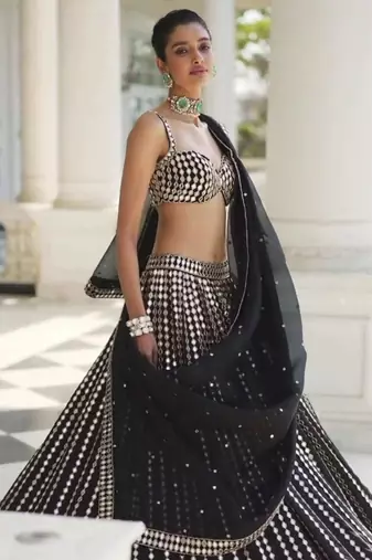 black organza silk lehenga choli with mirror embroidery dupatta
