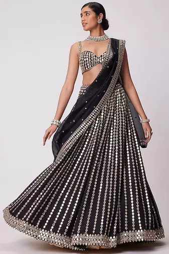 BLACK MIRROR EMBROIDERY ORGANZA SILK LEHENGA CHOLI WITH DUPATTA