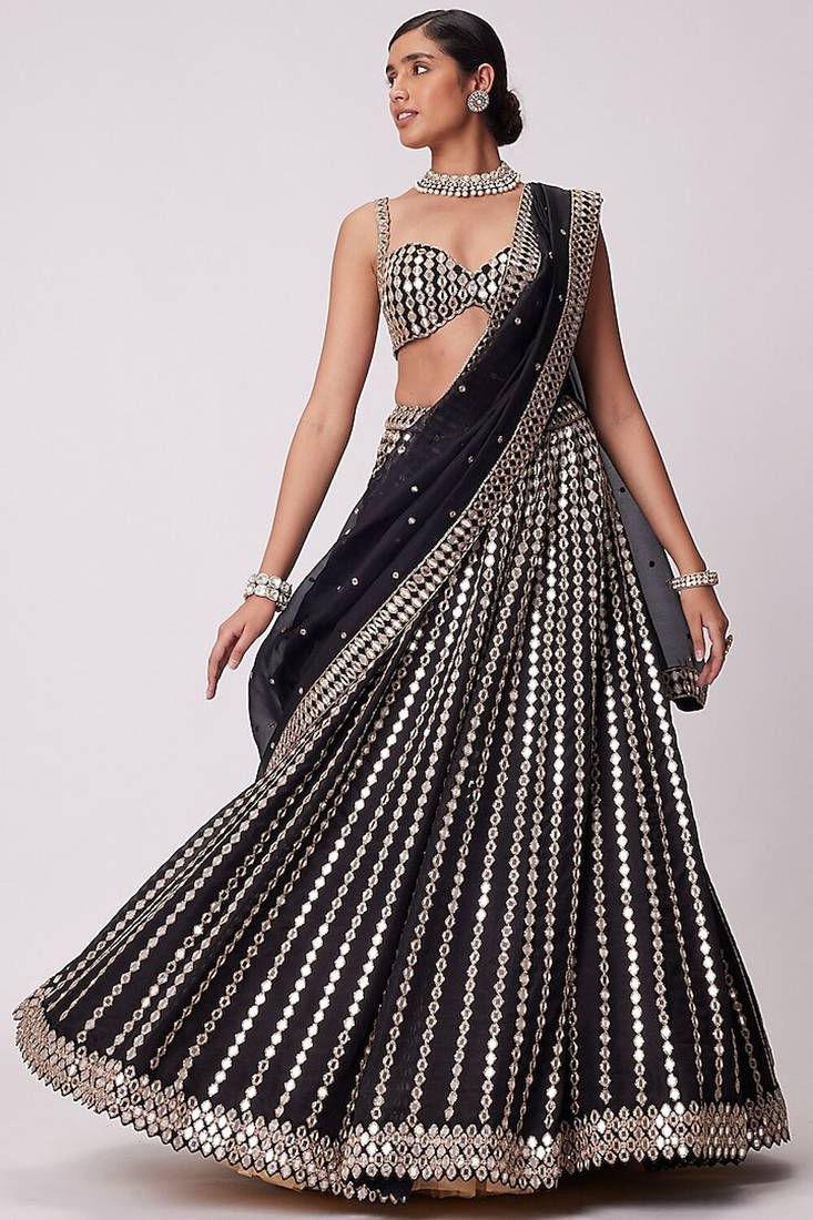 BLACK MIRROR EMBROIDERY ORGANZA SILK LEHENGA CHOLI WITH DUPATTA