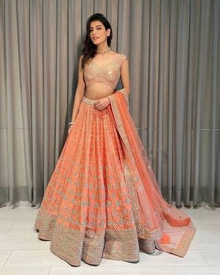 orange silk lehenga choli with embroidered fancy dupatta set 1