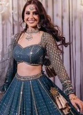 blue embroidered georgette lehenga choli with designer dupatta 3