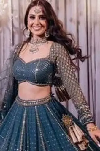 blue embroidered georgette lehenga choli with designer dupatta
