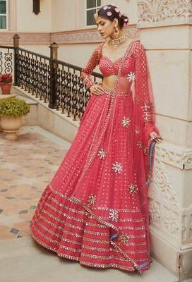 red georgette lehenga choli with embroidered fancy dupatta 1