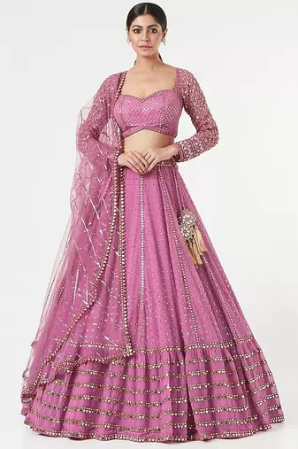 pink georgette lehenga choli with embroidered fancy dupatta