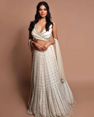 white embroidered georgette lehenga choli with dupatta 1