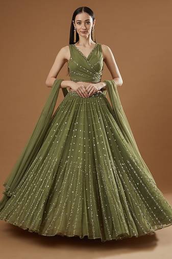green embroidered georgette lehenga choli with dupatta