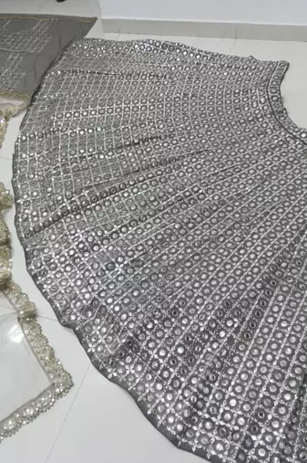 grey georgette lehenga choli with mirror blouse and embroidered dupatta