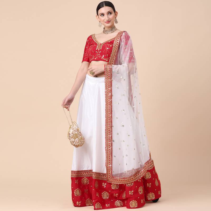 Red Zari With Sequin Embroidery Satin Lehenga set with choli and dupatta