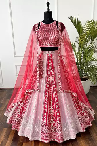 pink red velvet zari embroidered bridal lehenga set