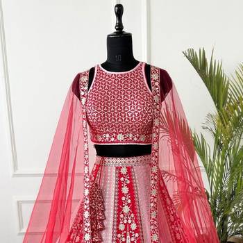 pink red velvet zari embroidered bridal lehenga set 3