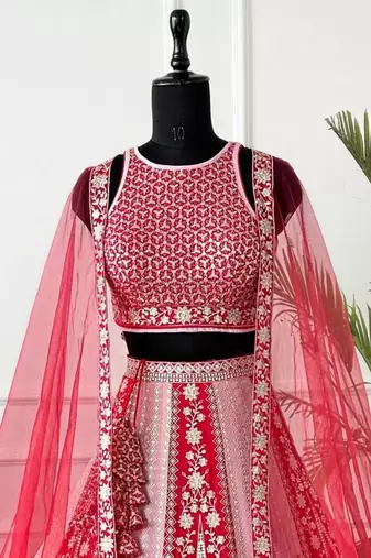 pink red velvet zari embroidered bridal lehenga set