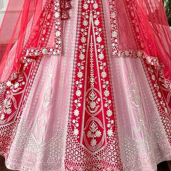 pink red velvet zari embroidered bridal lehenga set 4