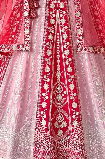 pink red velvet zari embroidered bridal lehenga set